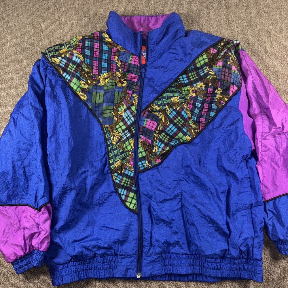 Vintage 1080s Women’s Mall Walker Track Jacket Large Blue Pink Plaid
